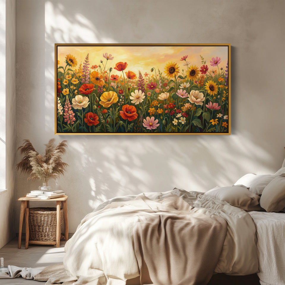 Colourful Wildflower Field Bedroom Wall Art Extra Wide Canvas For Bedroom
