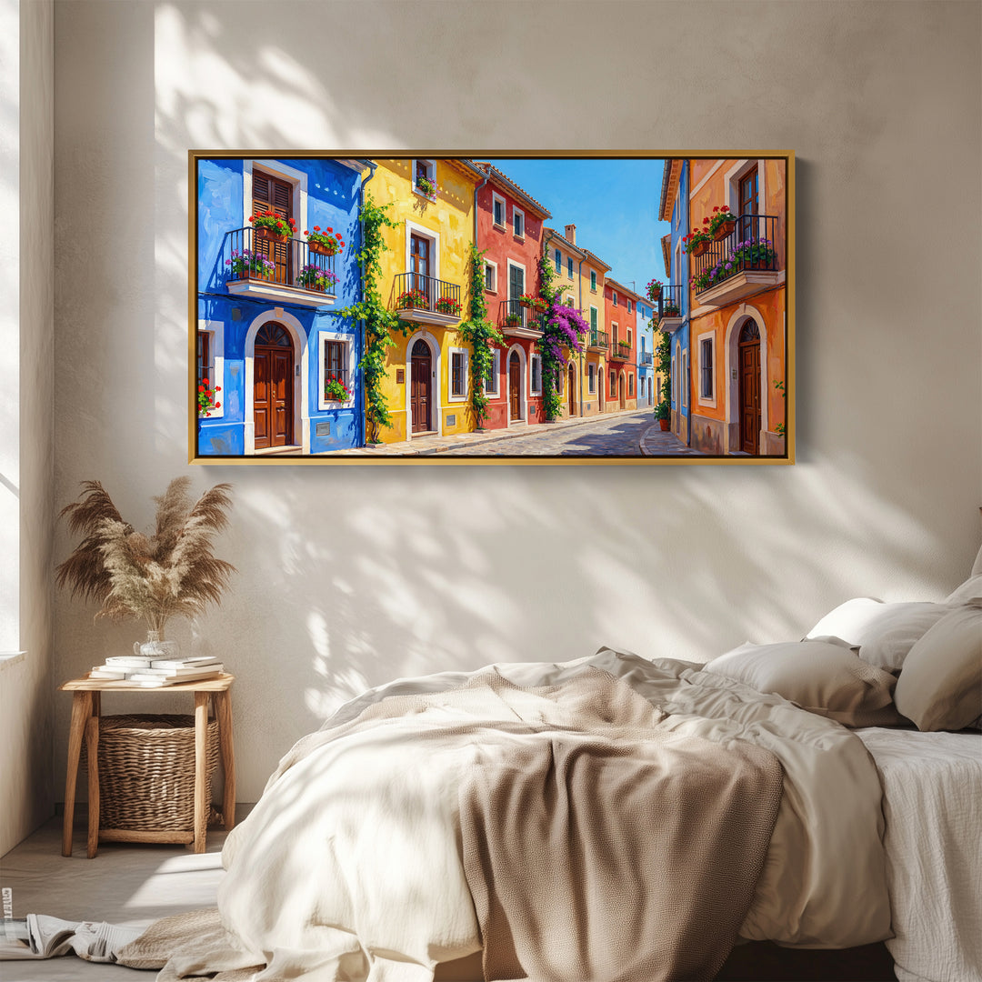 Colourful Village Street Wide Canvas Statement Wall Decor For Living Room