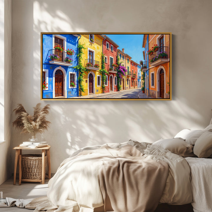Colourful Village Street Wide Canvas Statement Wall Decor For Living Room