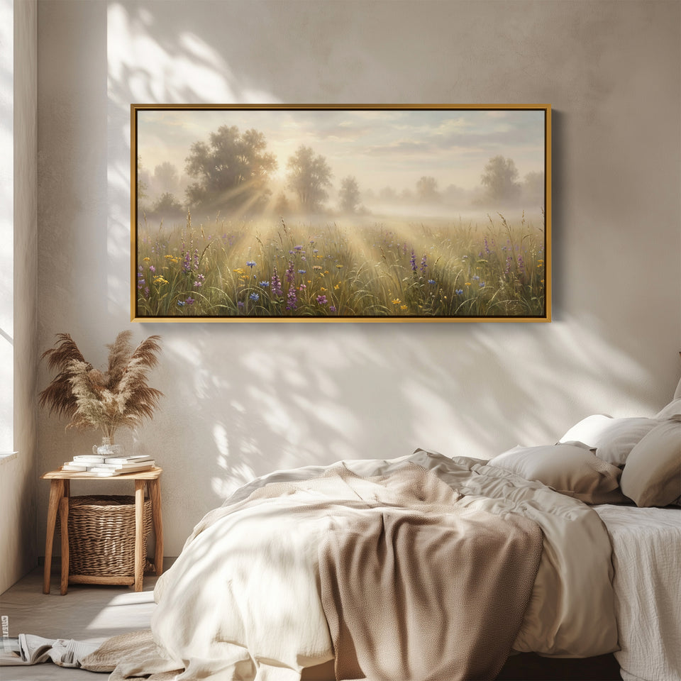 Misty Meadow Rays Long Wall Art Horizontal Canvas Print For Living Room