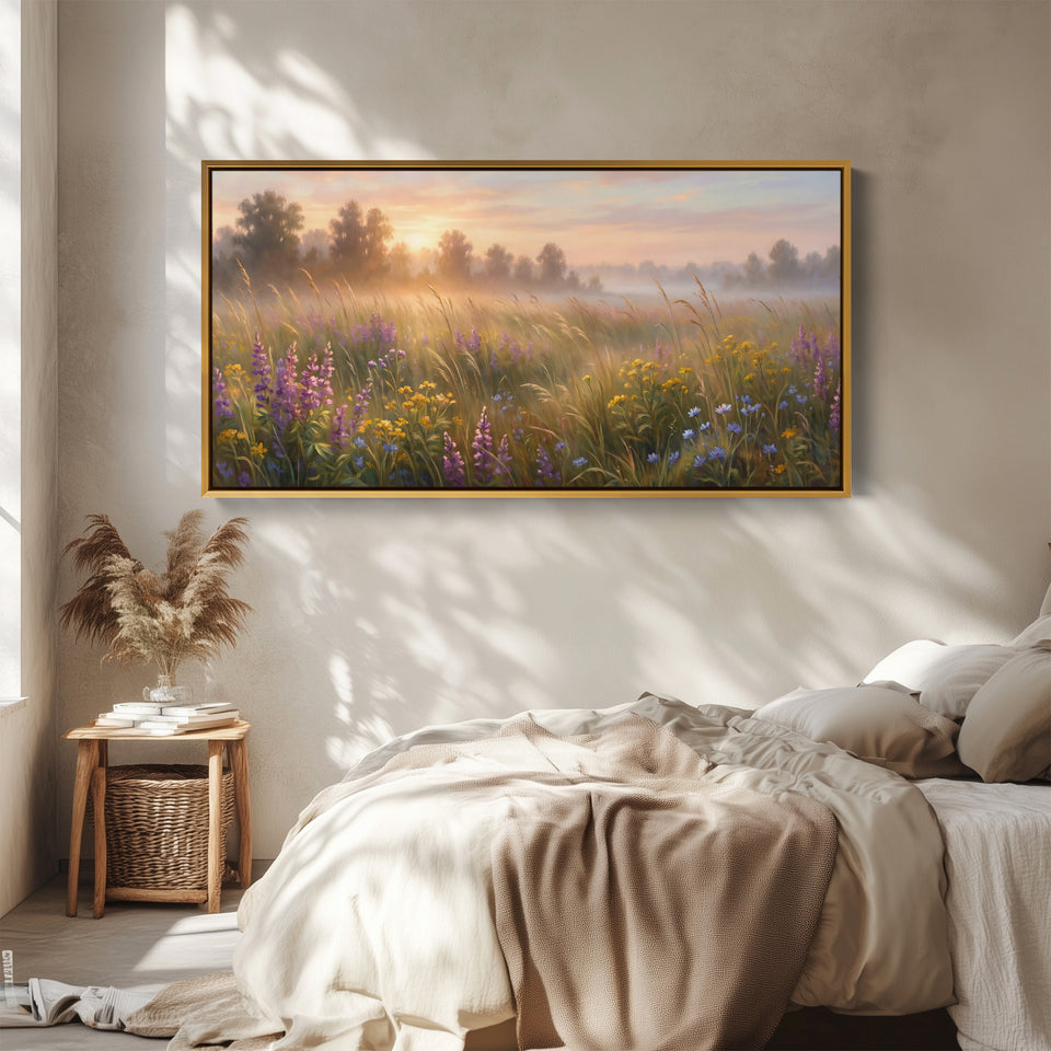 Sunrise Wildflower Field Horizontal Wall Art Panoramic Canvas Print For Bedroom