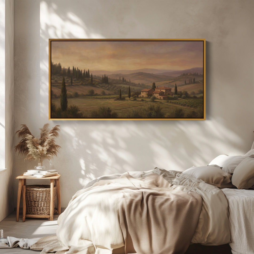 Tuscan Countryside Villa Above Soft Wall Art Panoramic Canvas Print For Living Room