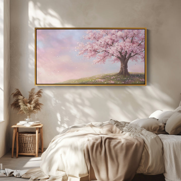 Cherry Blossom Tree Panoramic Wall Art Horizontal Canvas Print For Bedroom