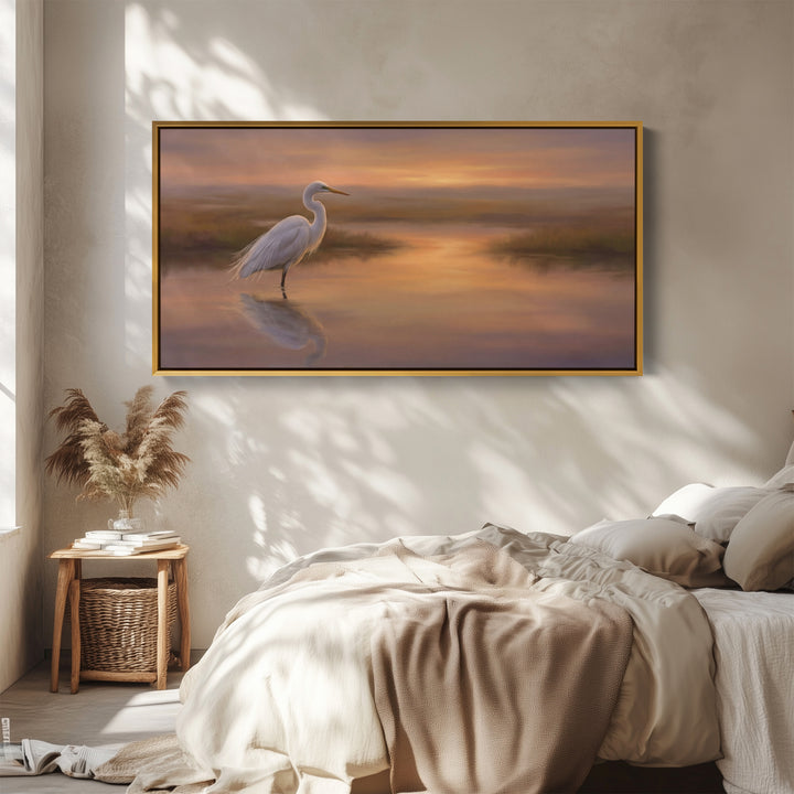 White Heron Long Wall Art Panoramic Canvas Print For Kitchen