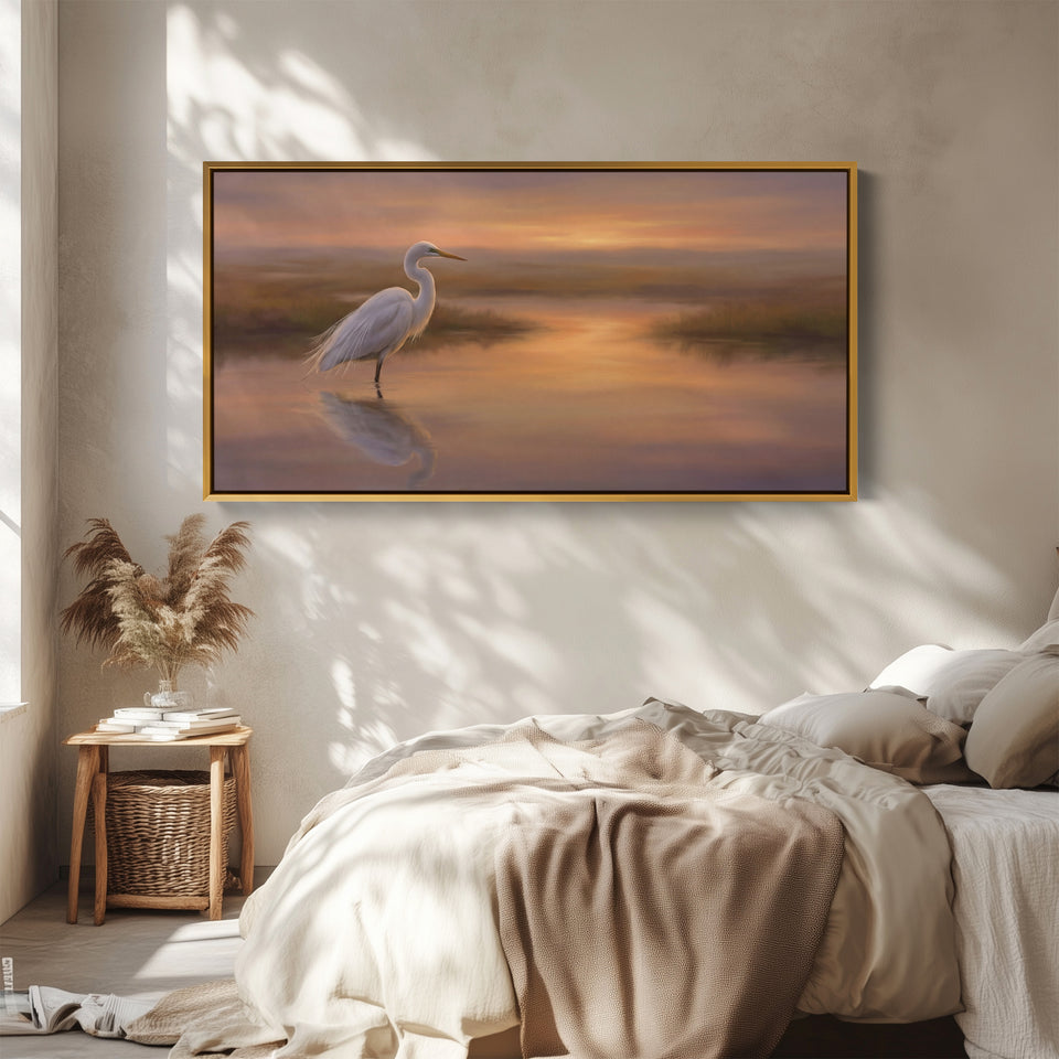White Heron Long Wall Art Panoramic Canvas Print For Kitchen