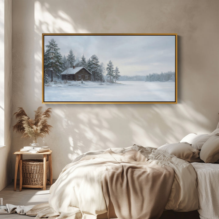 Snowy Cabin horizontal wall art Framed Canvas Print For Bedroom
