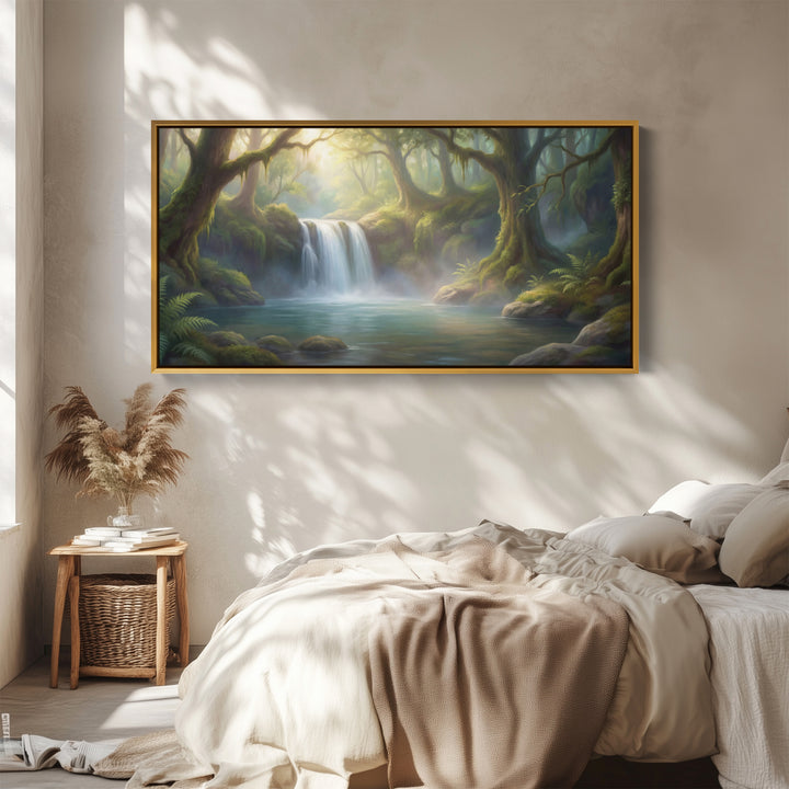 Forest Waterfall wide canvas Statement Wall Decor For Living Room