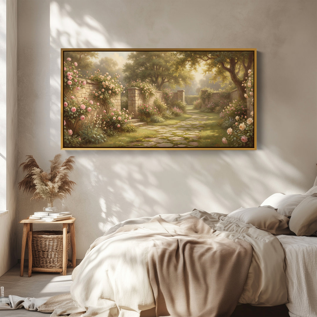 Rose Garden Path panoramic wall art Horizontal Canvas Print For Bedroom