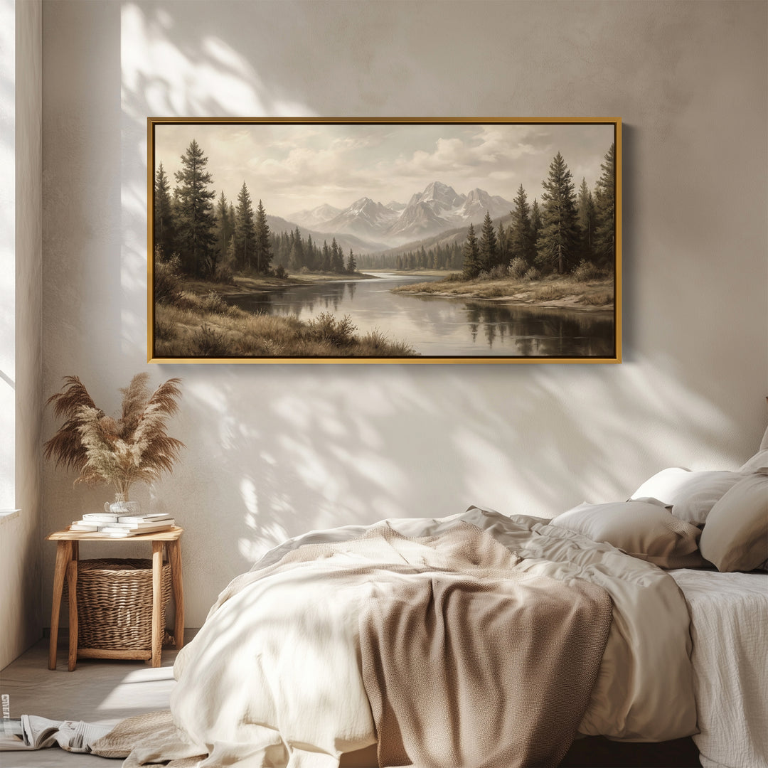 Mountain River Horizontal Wall Art Panoramic Canvas Print For Office
