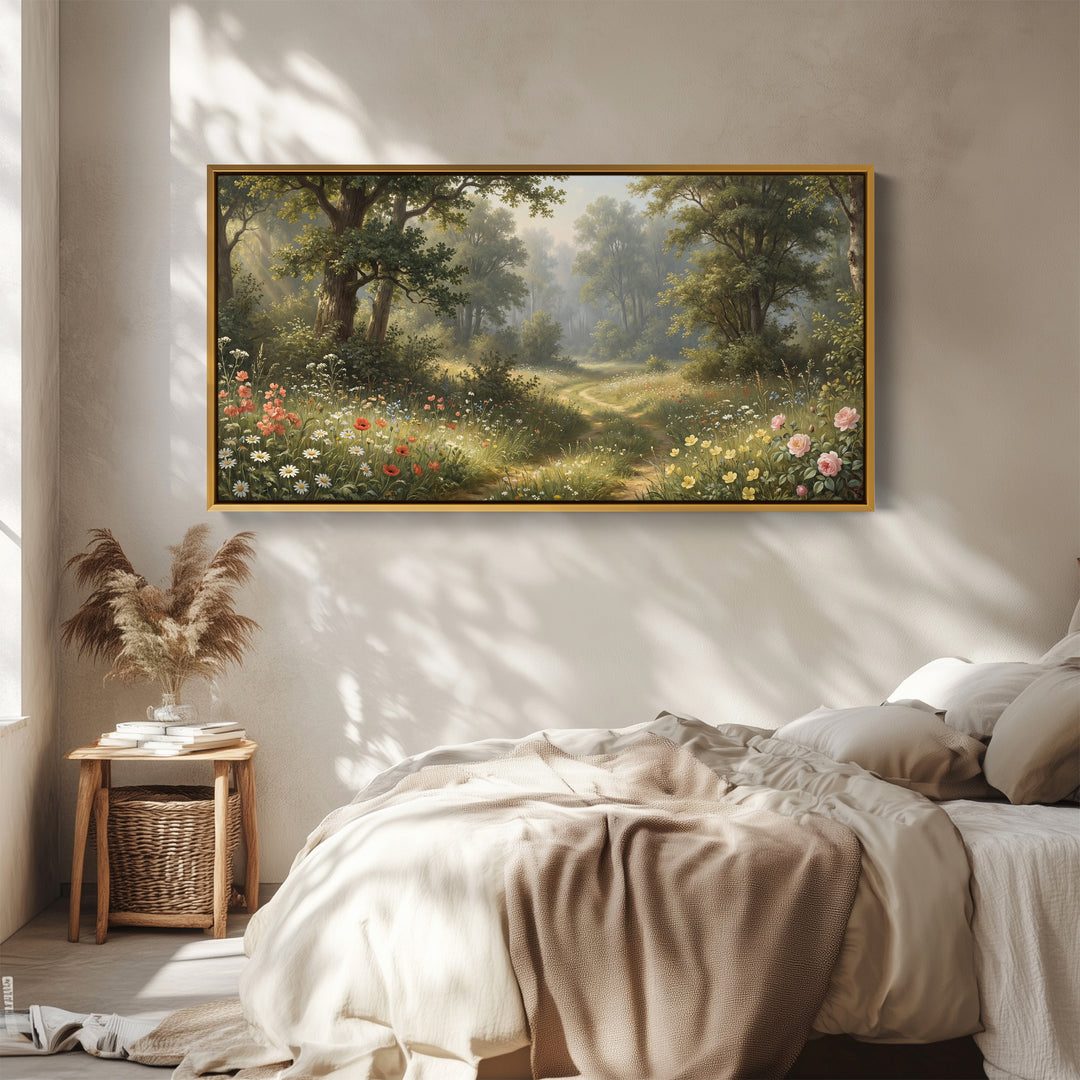Horizontal Wall Art Woodland Wildflower Path Panoramic Canvas Print For Bedroom