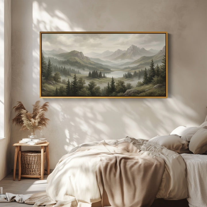 Above Bed Wall Art Misty Mountain Lake Valley Extra Wide Canvas For Living Room