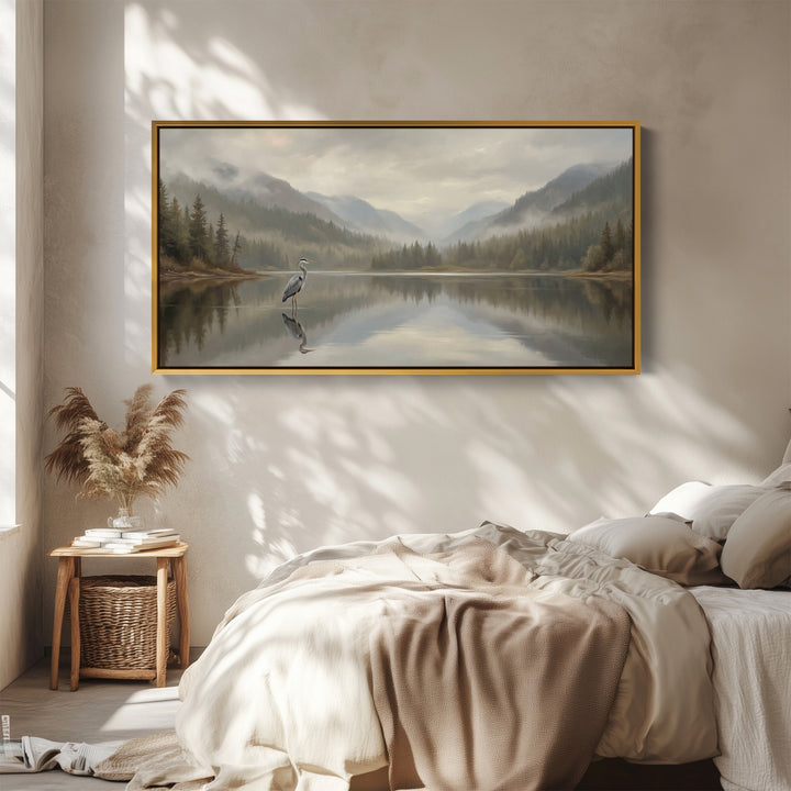 Wide Canvas Heron On Still Lake Panoramic Canvas Print For Living Room