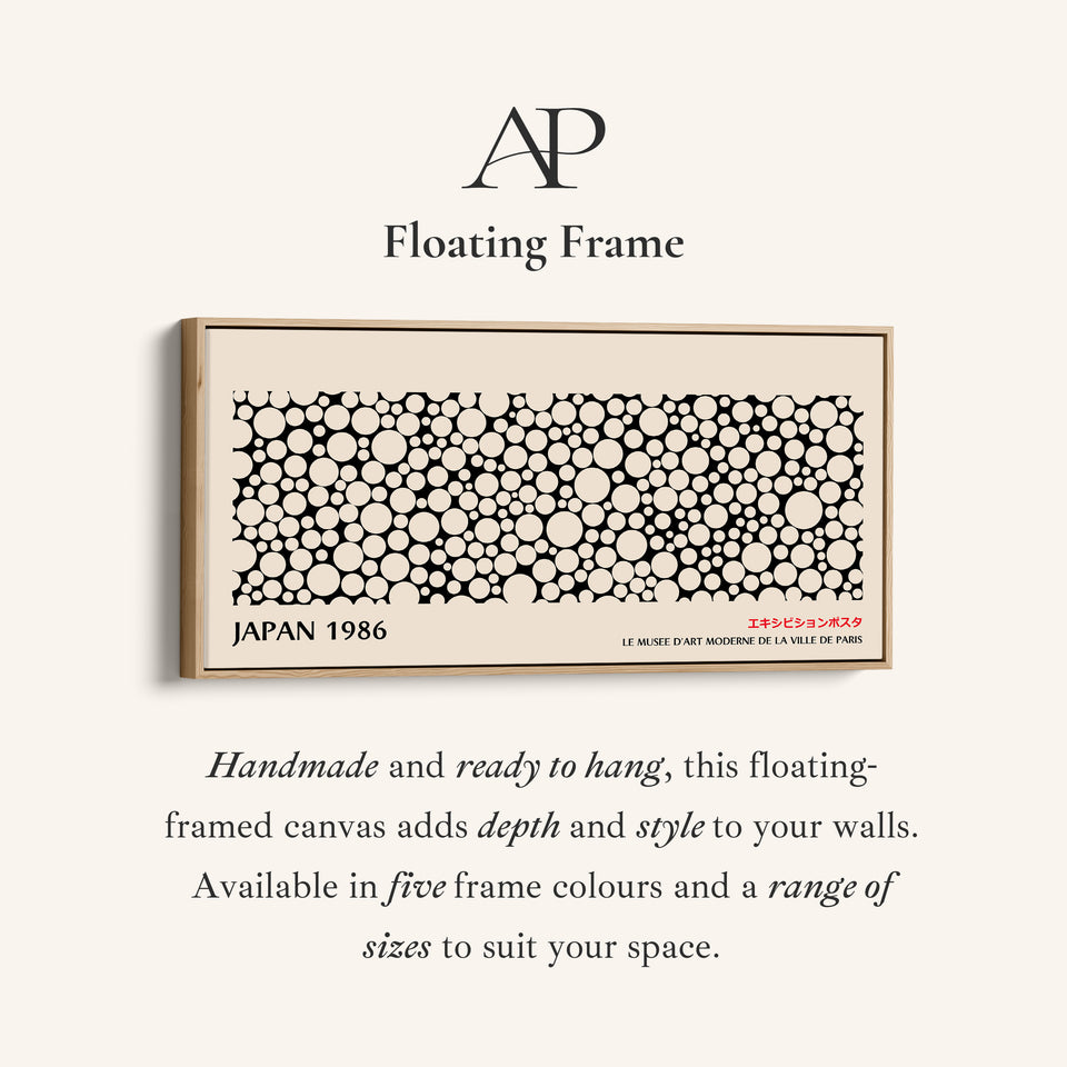 Floating frame corner and canvas texture details of the Japanese wall art black and white dot pattern horizontal print