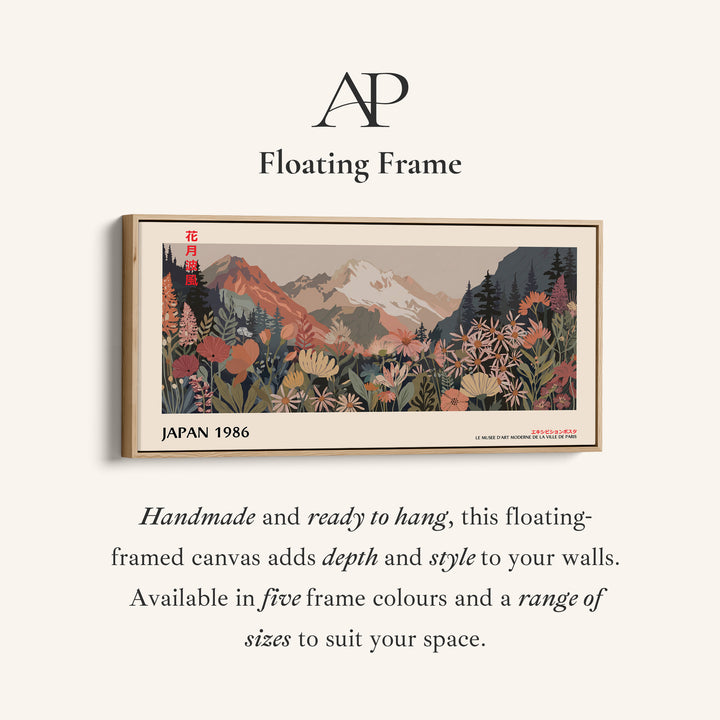 Wide Panoramic Wall Art – Snowy Mountain & Wildflowers, Muted Japanese-Inspired Landscape Print