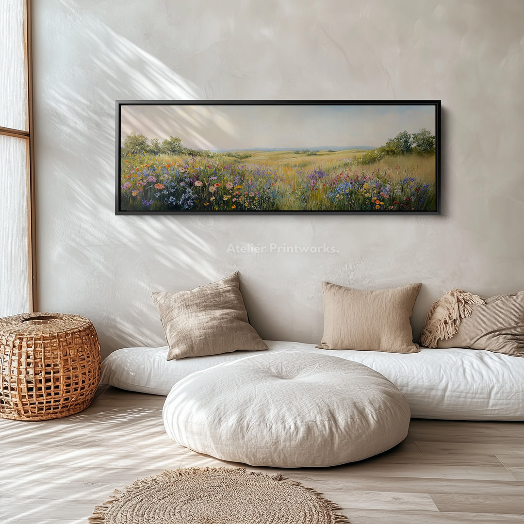 Vintage Wildflower Meadow Wide Skinny Framed Canvas Wall Art - H0046