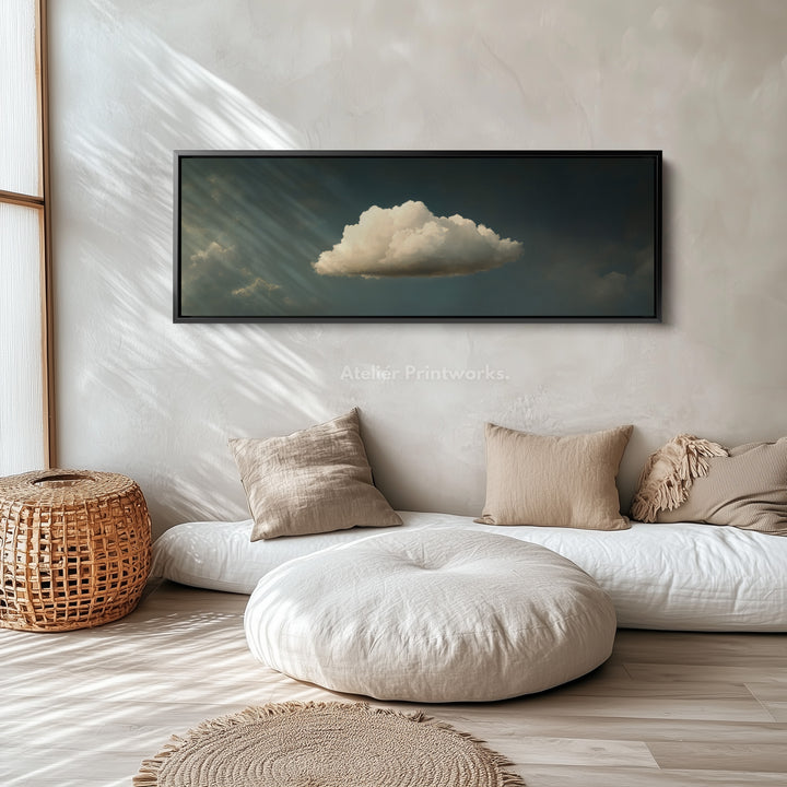 Above Bed Wall Art - Floating Blue & Green Cloud Minimalist Horizontal Wall Art - H0055