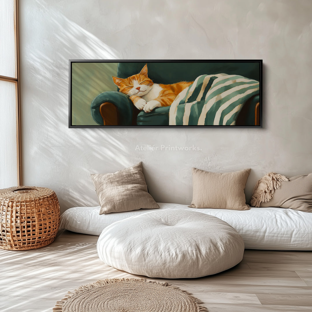 Cozy Cat Panoramic Long Narrow Wall Art Large Canvas Decor - H0061