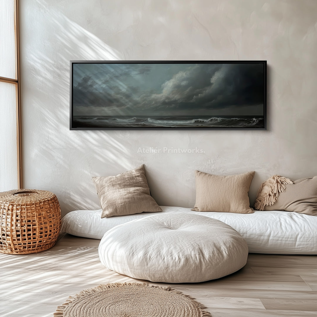 Moody Sea Long Horizontal Wall Art Above Bed Decor - H0074