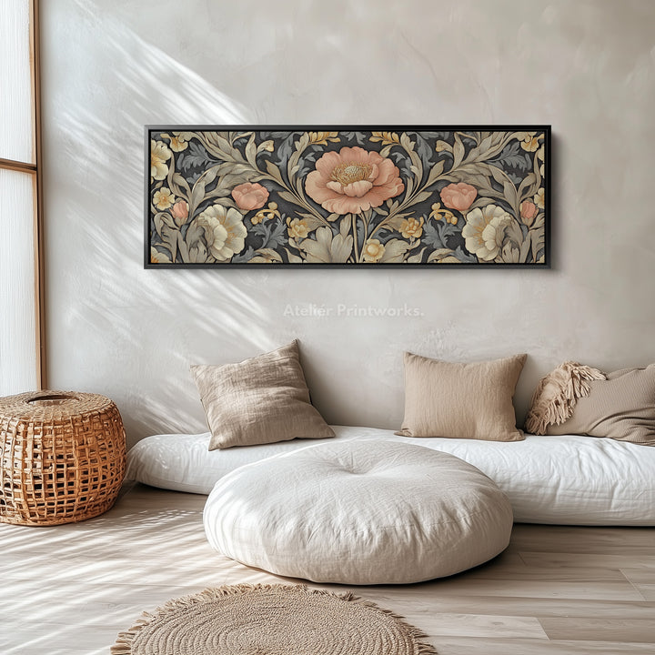 Vintage Floral Pattern Large Framed Canvas Long Narrow Horizontal Wall Art - H0083
