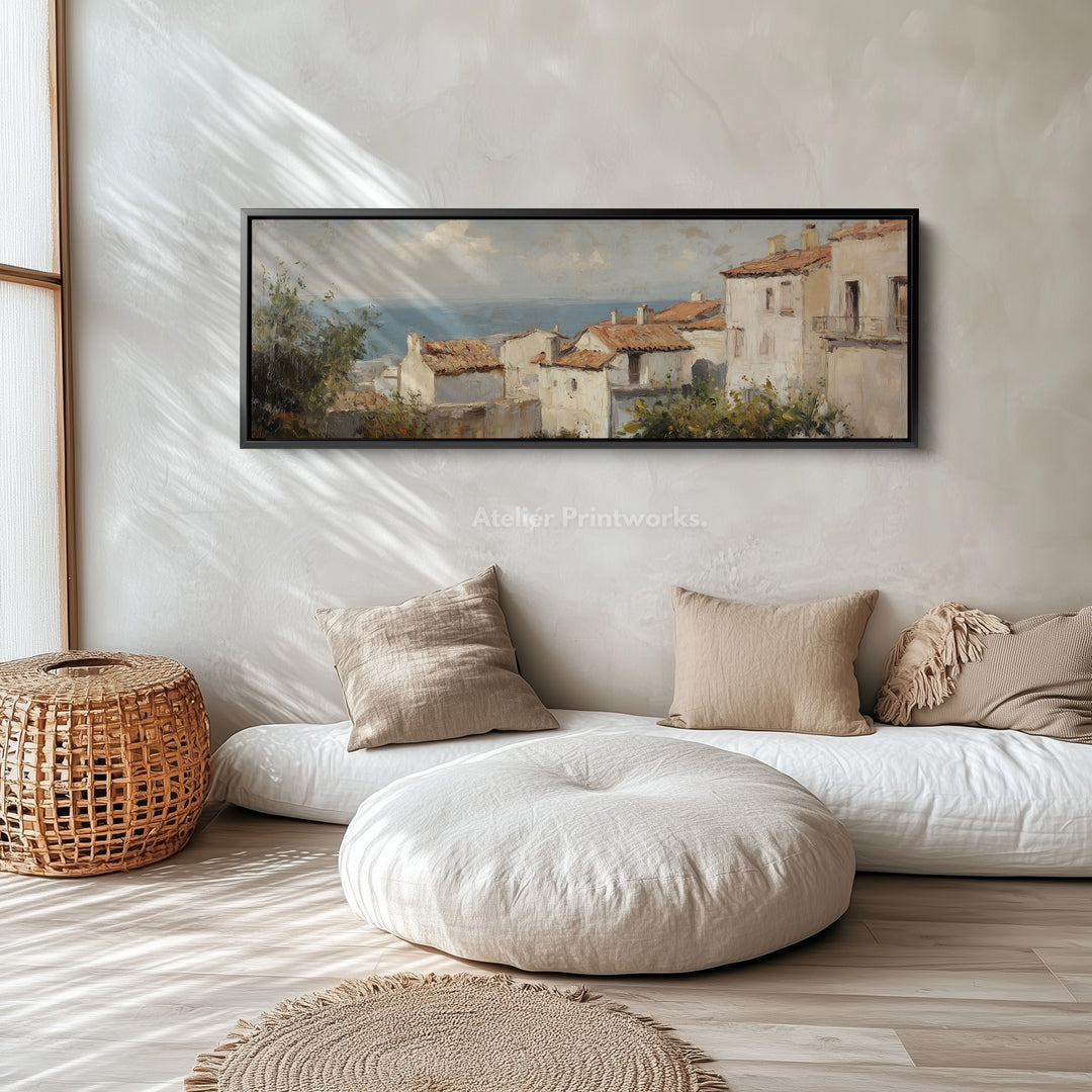 Mediterranean Coastal Seascape Large Framed Long Canvas Horizontal Wall Art - H0128