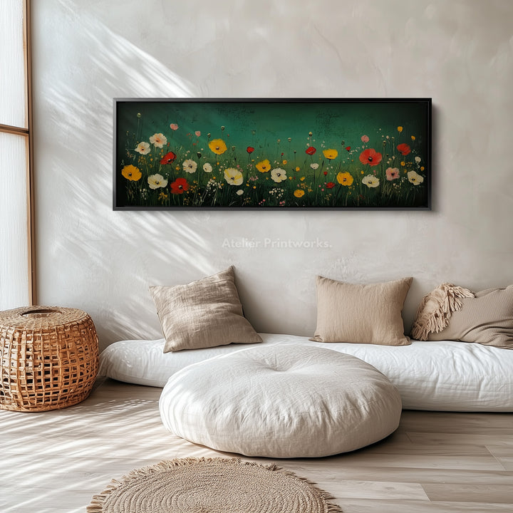 Vintage Wild Flower Meadow Long Horizontal Wall Art Panoramic Wall Decor - H0148