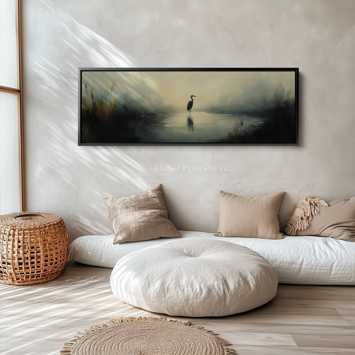 Muted Heron Above Bed Decor Framed Canvas Wall Decor - H0196