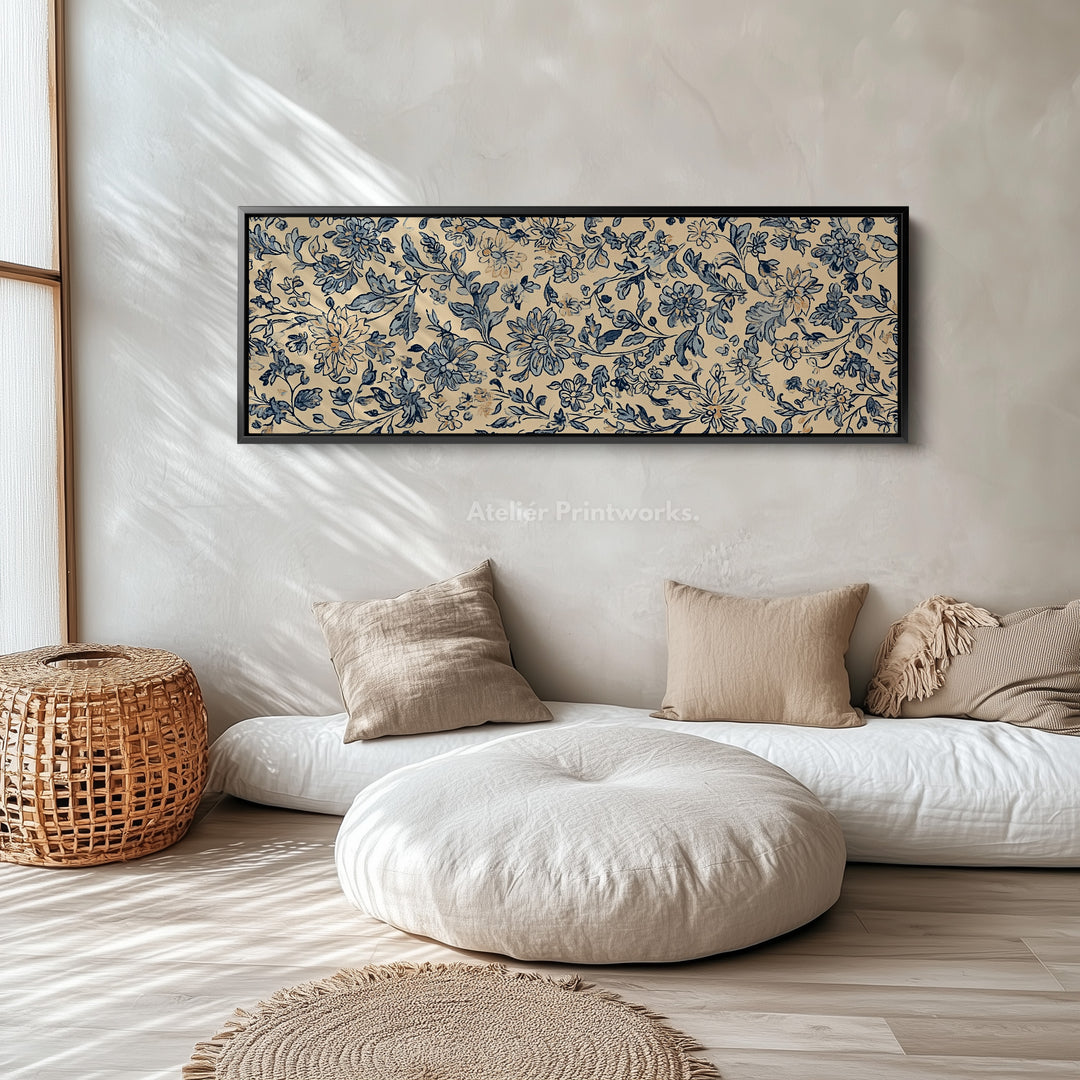 Vintage Blue & Beige Panoramic Large Framed Wall Decor - H0224