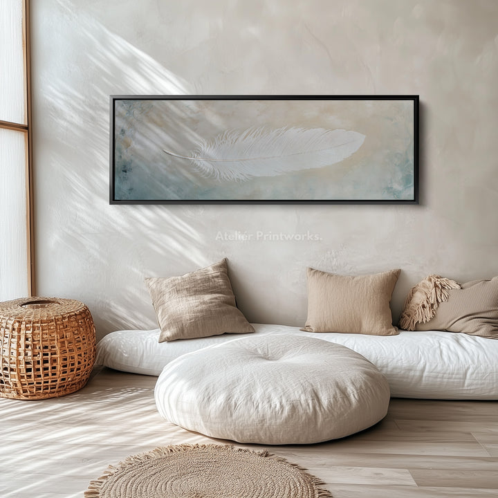 White Feather Above Bed Framed Canvas Wall Art - H0232