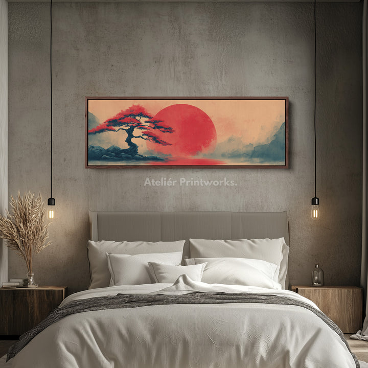 Bonsai Tree with Red Sun – Long Narrow Japanese Landscape Canvas - Japandi Wall Art
