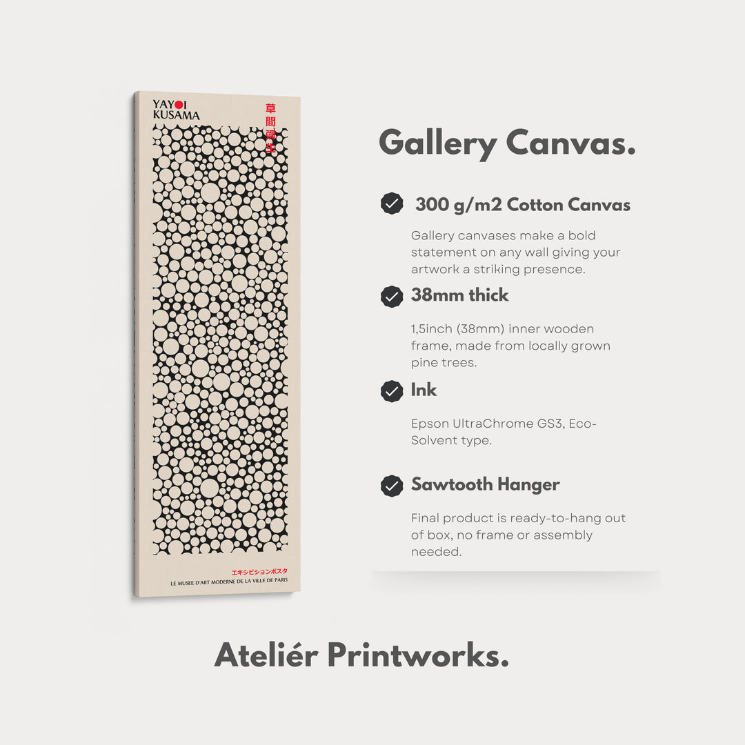 Yayoi Kusama Style Long Framed Canvas – Large Vertical Japanese Abstract Wall Art, Japandi Style, Japanese Poster Print