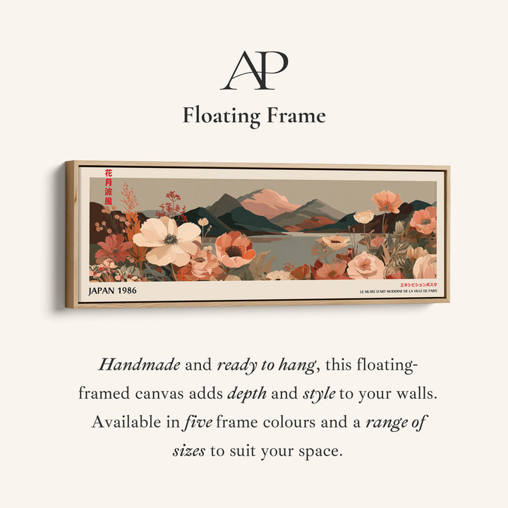 Wide Panoramic Wall Art – Muted Floral Mountain Lake, Japandi Boho Horizontal Landscape Print