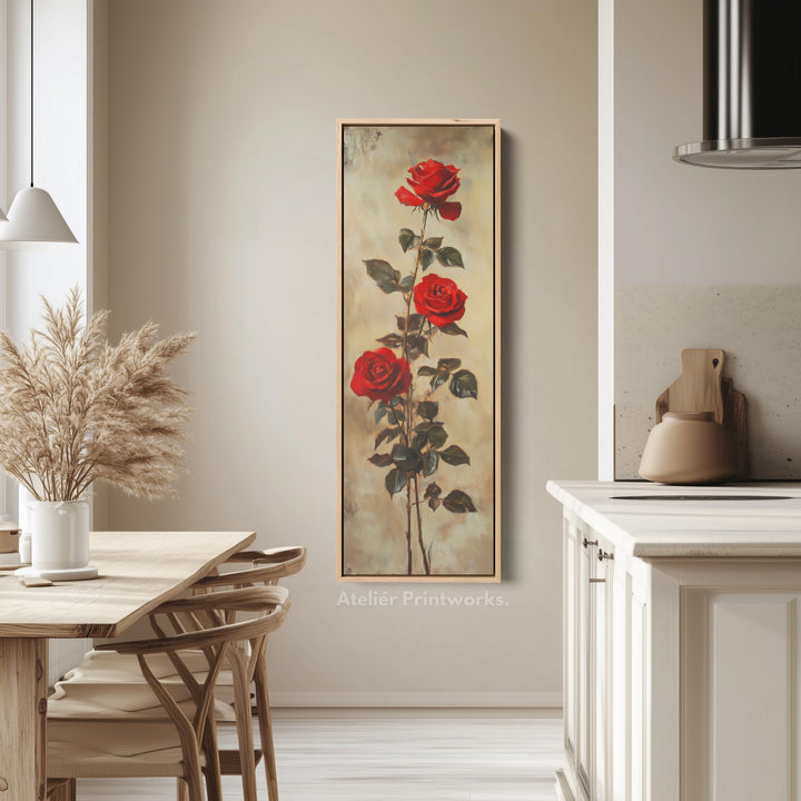Red Roses Long Narrow Framed Canvas Wall Art For Living Room - V0170