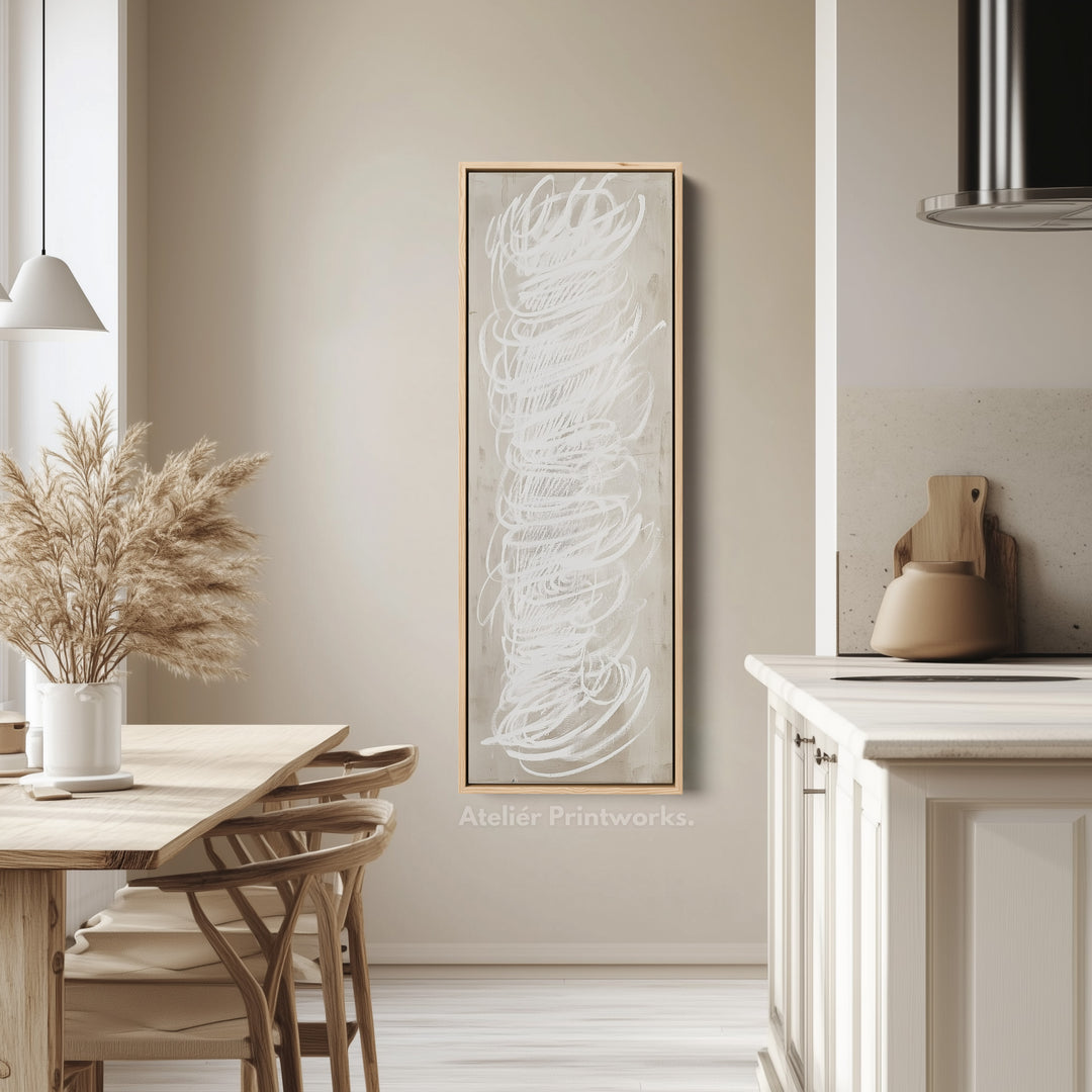 Abstract White Minimalist Long Vertical Framed Canvas Wall Decor - V0199