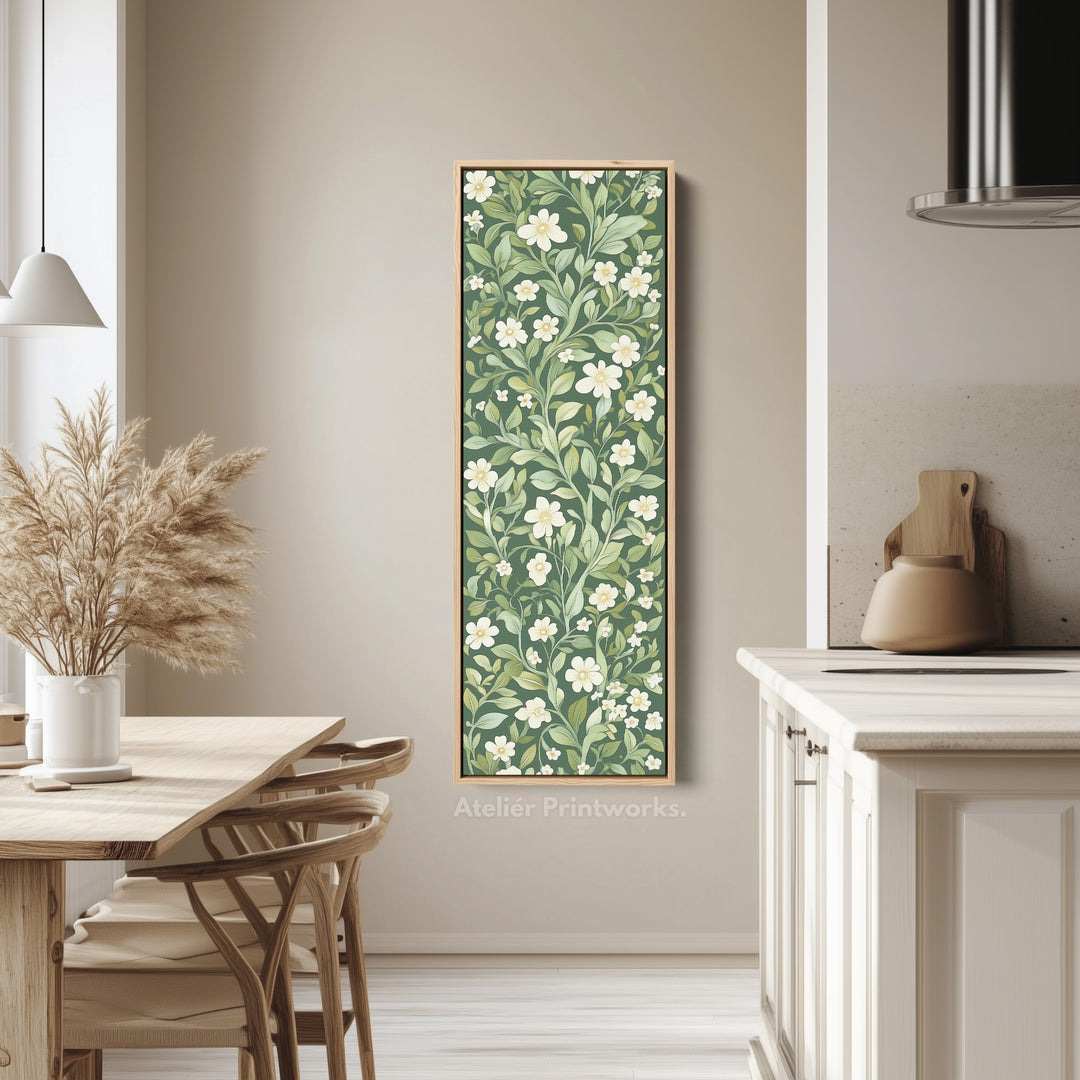Framed Canvas Narrow Vertical White & Green Floral - V0239