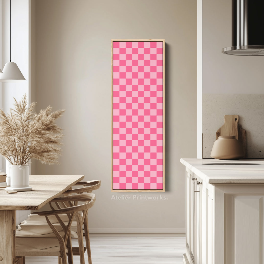 Pink Checkered Gingham Vertical Slim Wall Art - V0310
