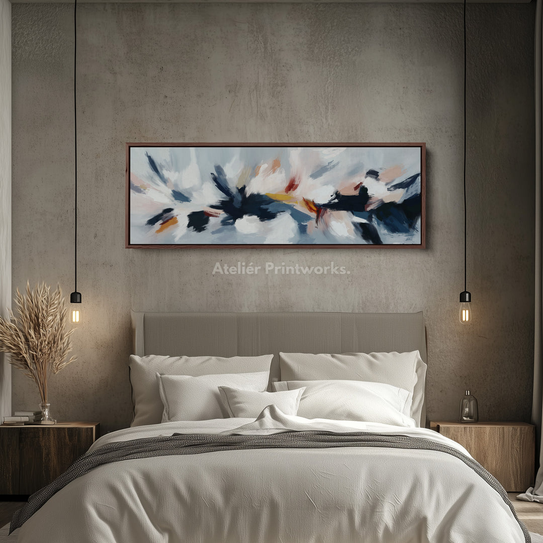 Abstracte blauwe, witte en roze horizontale lange wanddecoratie