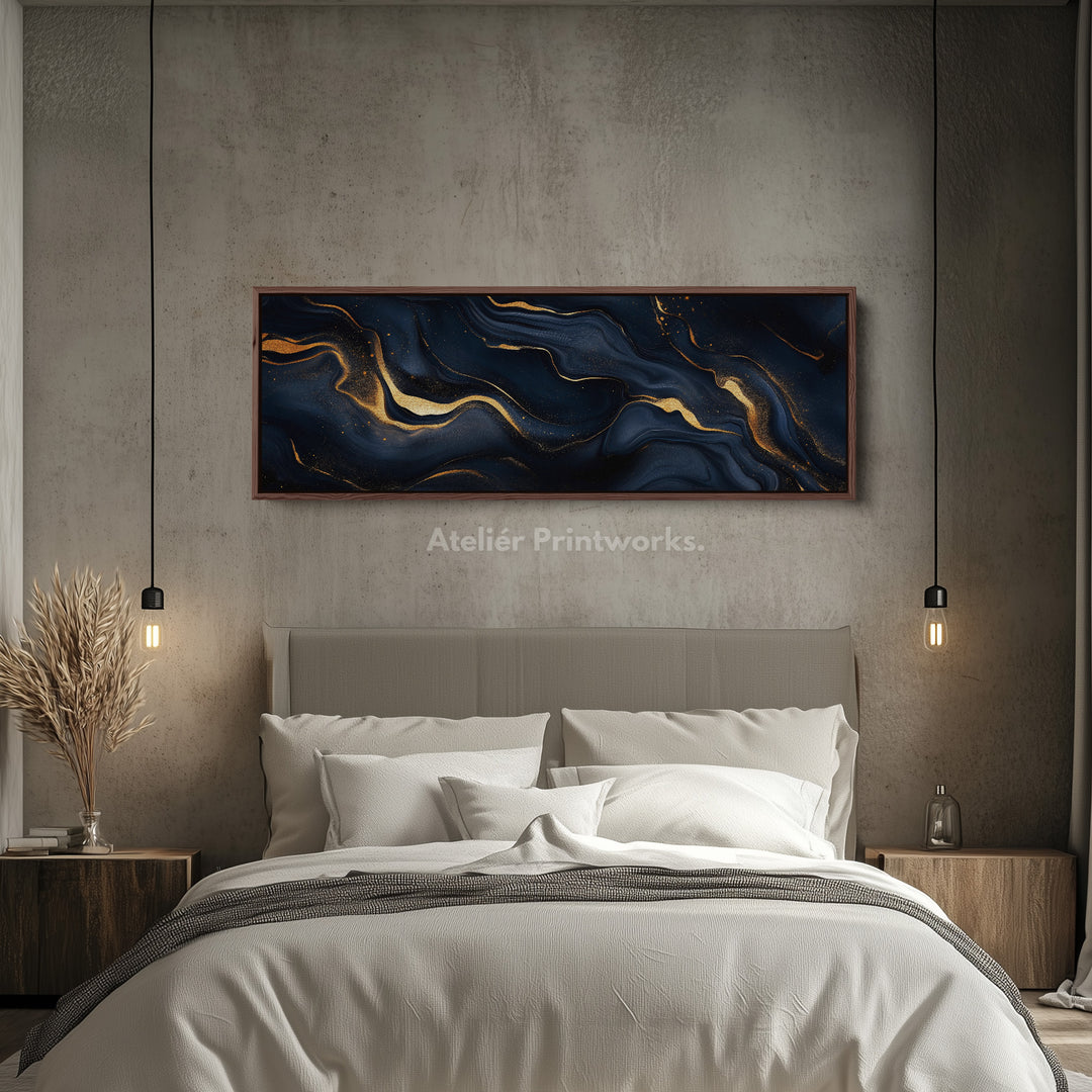 Blauwe & Gouden Abstracte Lange Smalle Horizontale Muurdecoratie