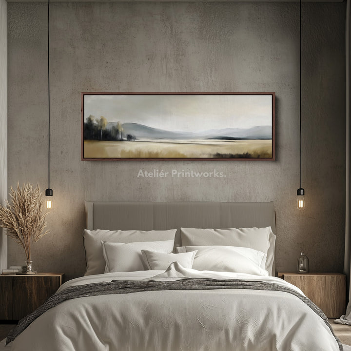 Long Neutral Misty Landscape Canvas Artwork for Above Bed or Living Room