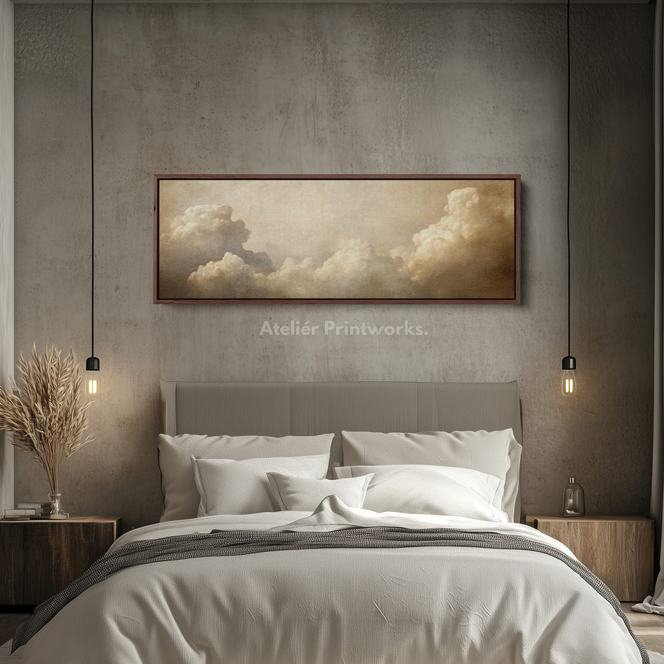 Long Horizontal Vintage Cloud Artwork Above Bed Wall Art
