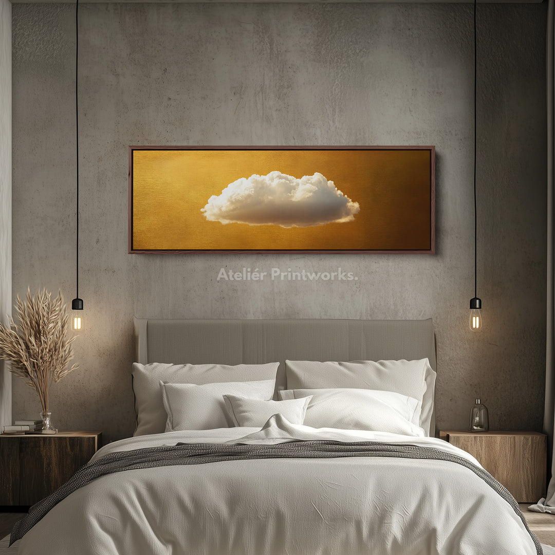 Boven Bed Muurkunst - Zwevende Gouden Wolk Minimalistische Horizontale Muurkunst