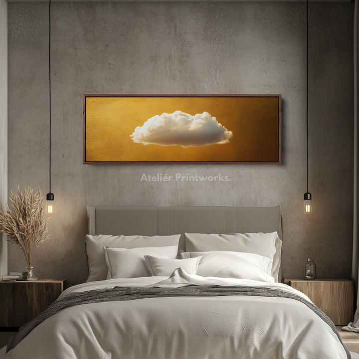 Boven Bed Muurkunst - Zwevende Gouden Wolk Minimalistische Horizontale Muurkunst