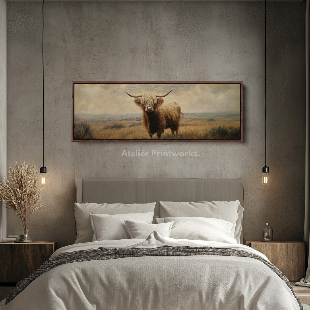 Highland koe afbeelding panoramisch lang smal wanddecoratie groot canvas decor