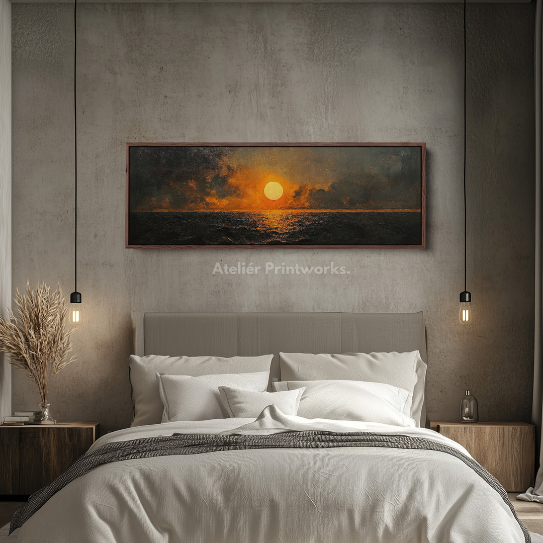 Lange horizontale wanddecoratie boven bed abstracte zonsondergang