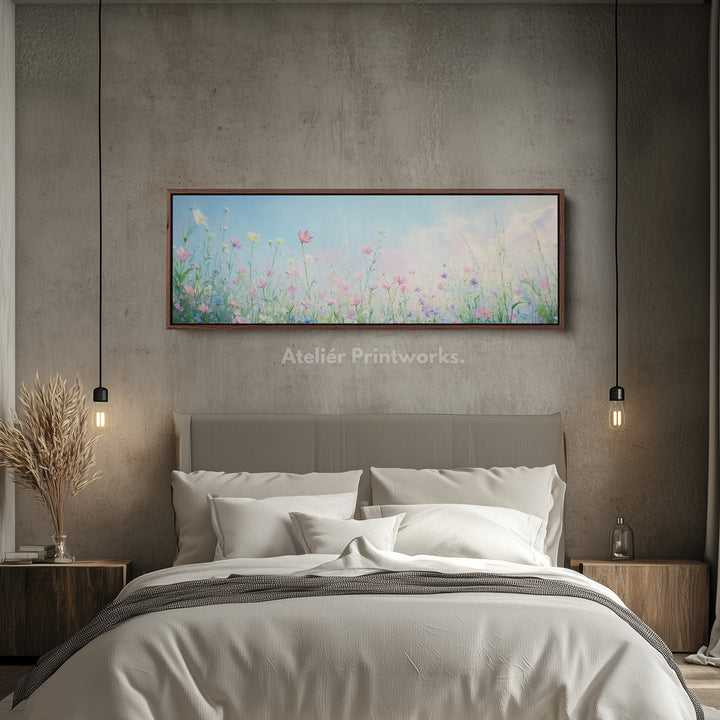 Wilde bloemen grote ingelijste canvas lange smalle horizontale wanddecoratie
