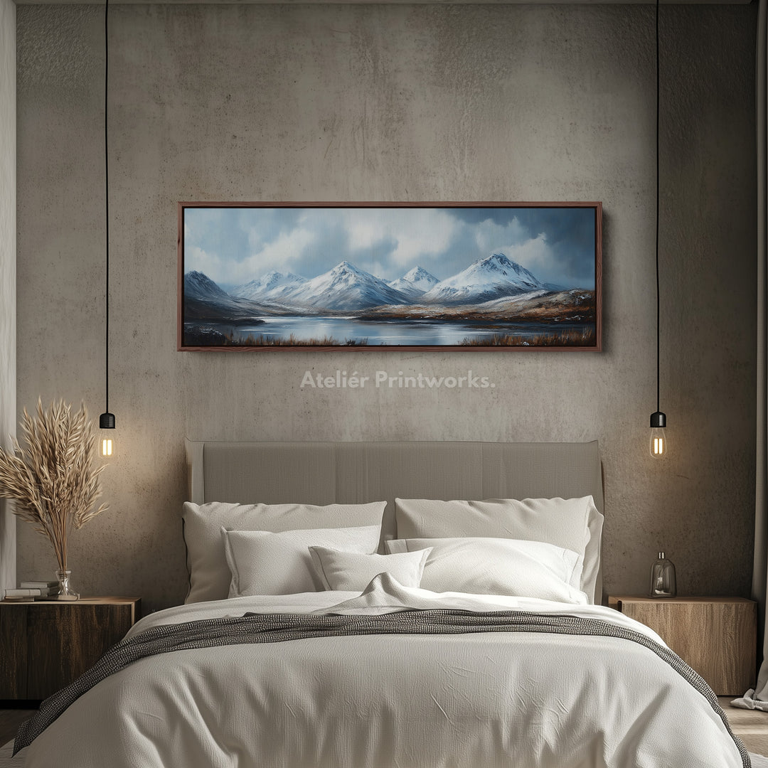 Boven het bed wanddecoratie lange horizontale panoramische bergen groot canvas