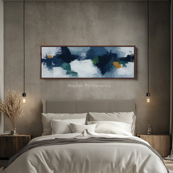 Wide Moody Deep Blue Abstract Canvas Wall Art for Living Room