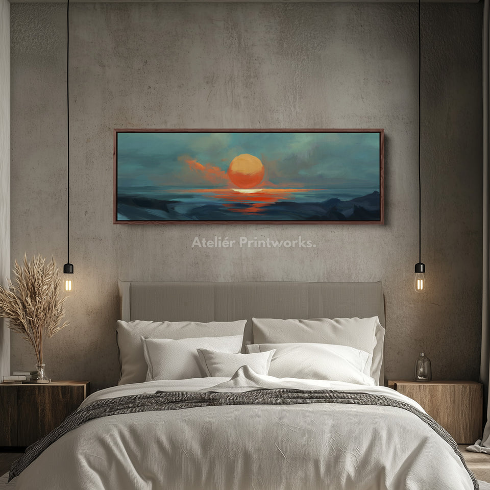 Minimalist Ocean Sunset Narrow Wide Horizontal Wall Decor Large Framed Canvas