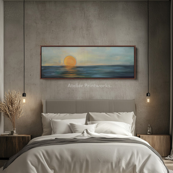 Moderne abstracte smalle brede horizontale wanddecoratie grote ingelijste canvas