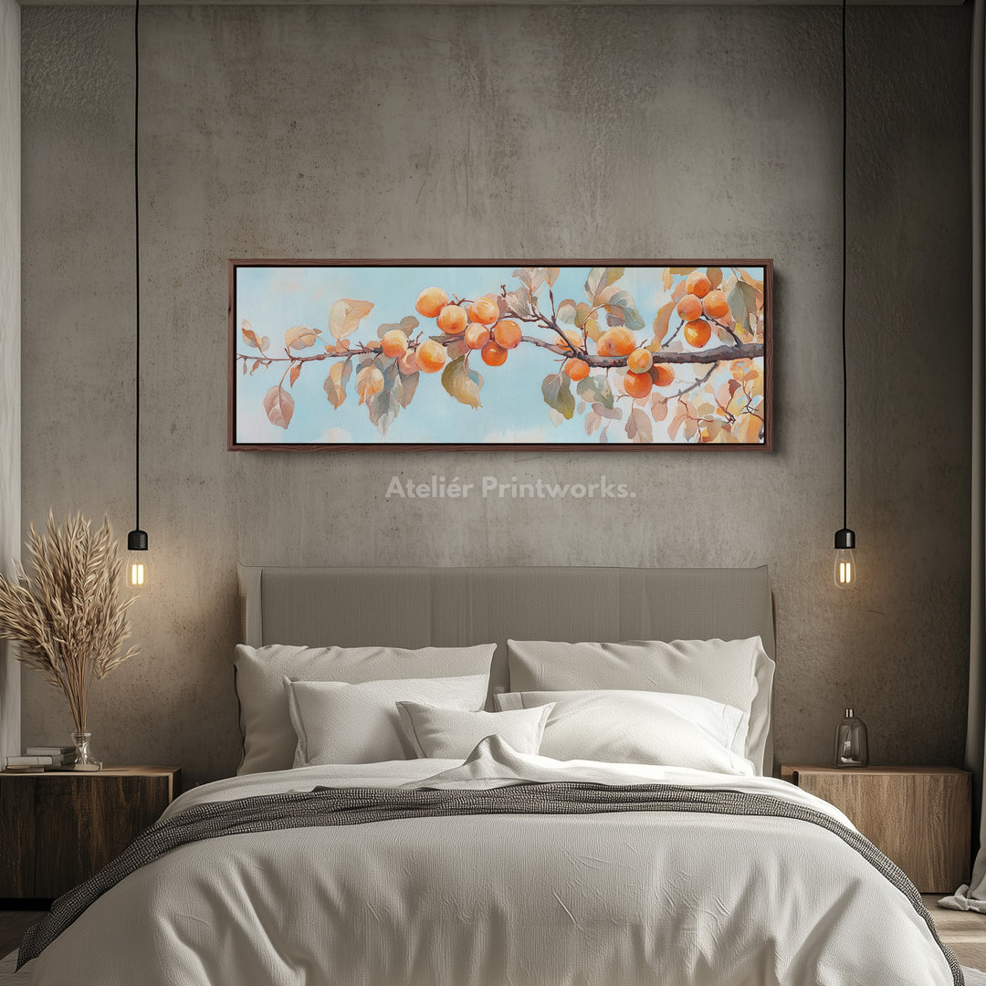 Persimmon Branch Large Framed Long Canvas Horizontal Wall Art