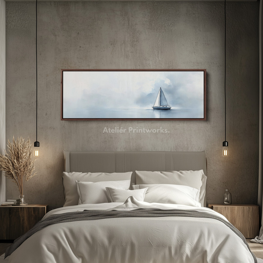 Zeilboot aquarel groot ingelijst lang canvas horizontale wanddecoratie